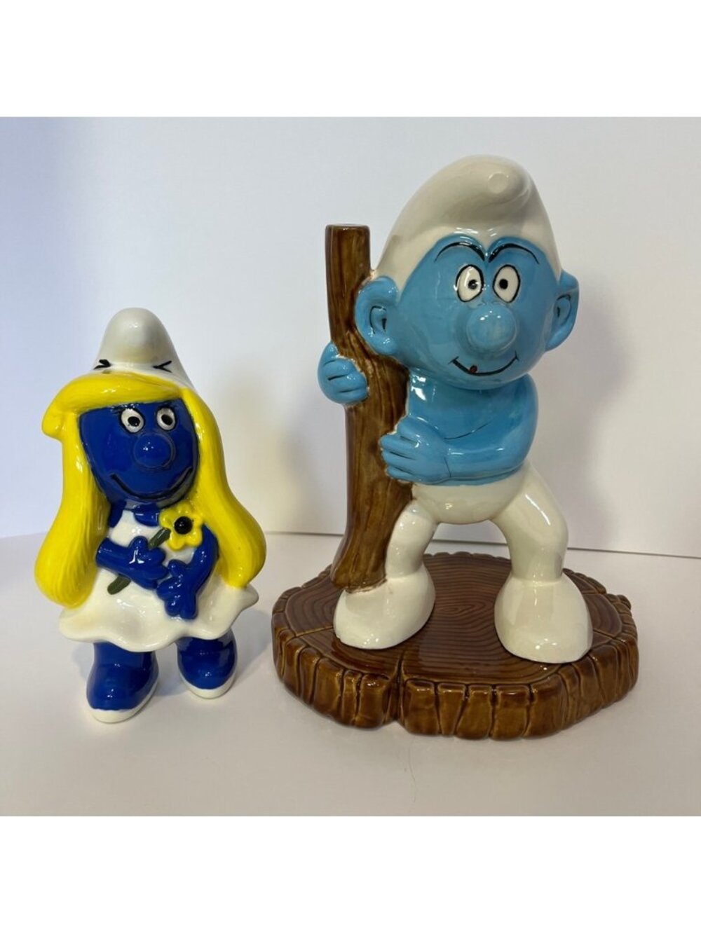 Vintage 80s Smurf and Smurfette With Wooden Base Ceramic Porcelain Set Figures